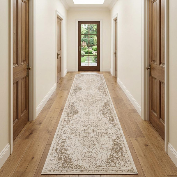 10' Cream And Brown Medallion Runner Rug