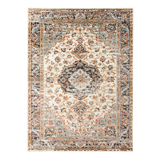 9' X 12' Ivory Navy and Orange Medallion Power Loom Area Rug