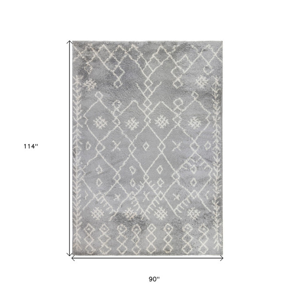 7' X 9' Gray And Ivory Geometric Shag Area Rug