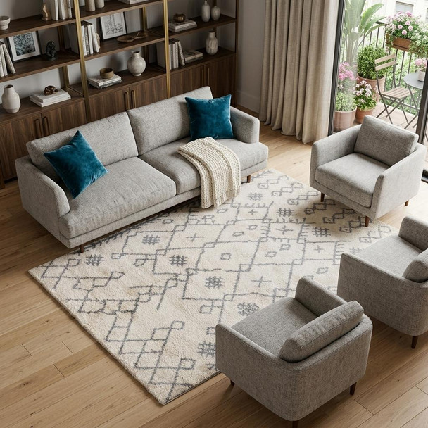 7' X 9' Gray And Ivory Geometric Shag Area Rug