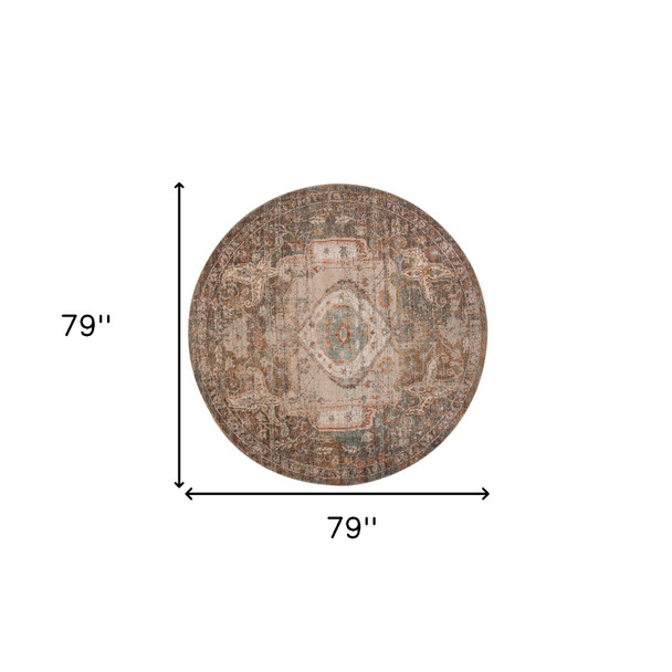 6' Beige Gray and Taupe Medallion Power Loom Round Rug