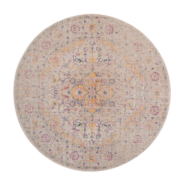 6' Ivory And Yellow Oriental Distressed Round Rug