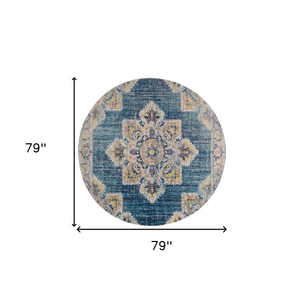 6' Blue Rust And Beige Medallion Round Rug