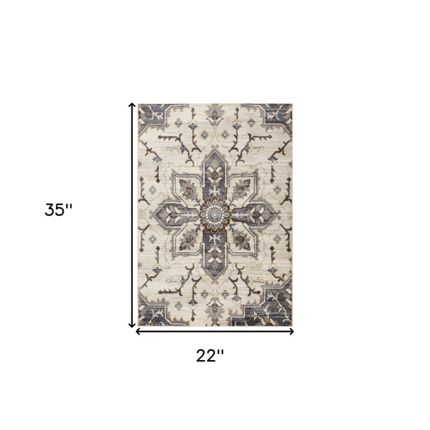 2' X 3' Ivory Gray And Brown Floral Medallion Area Rug