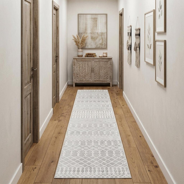 12' Gray And Ivory Moroccan Washable Runner Rug