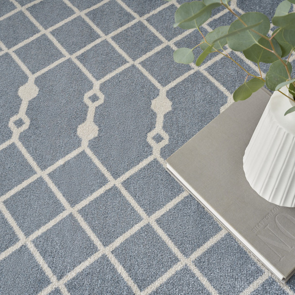 9' X 12' Blue and Ivory Moroccan Power Loom Washable Area Rug