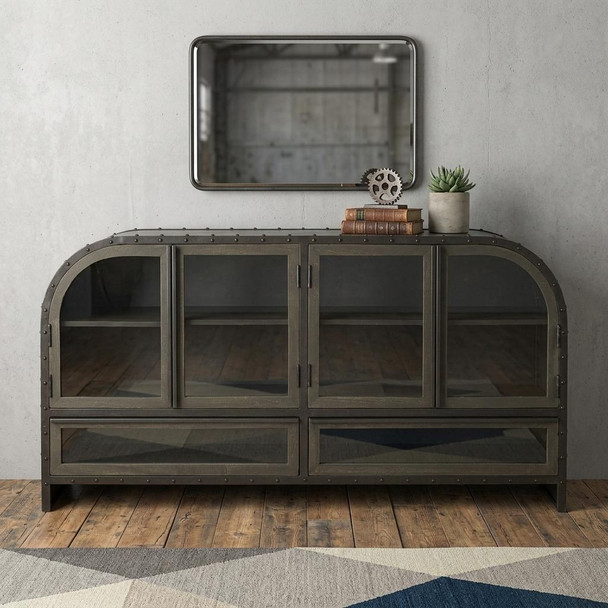 62" Dark Brown Iron Two Drawer Sideboard with Four Glass Doors