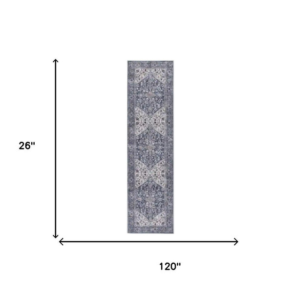 10' Blue and Ivory Floral Power Loom Distressed Washable Runner Rug