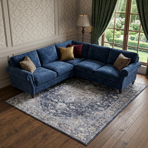 9' X 12' Blue and Ivory Floral Power Loom Distressed Washable Area Rug