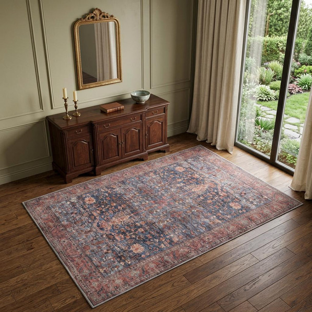 4' X 6' Blue and Red Oriental Power Loom Distressed Washable Non Skid Area Rug