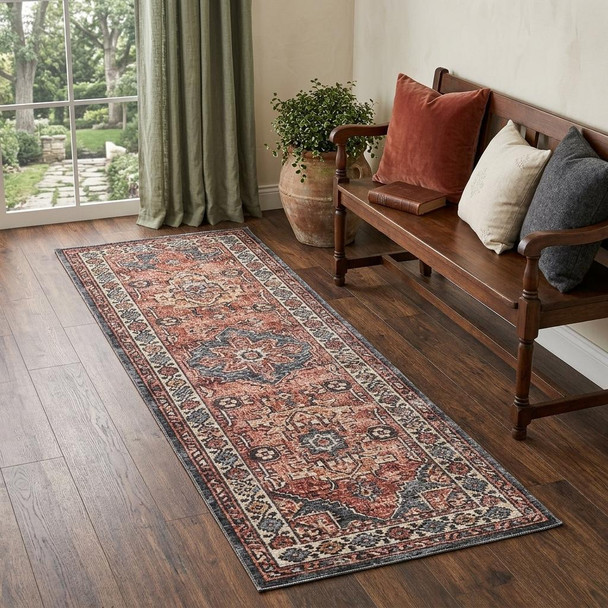 6' Blue And Red Oriental Distressed Washable Runner Rug