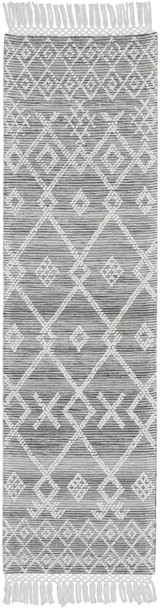 8' Gray and Ivory Geometric Hand Woven Runner Rug With Fringe