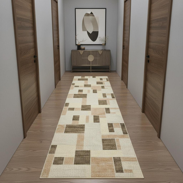 10' Beige Geometric Runner Rug
