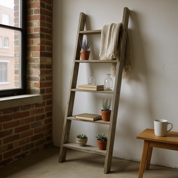 60" Gray Rustic Five Step Wood Ladder Shelf