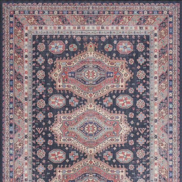 5' X 7' Navy Blue and Red Medallion Distressed Non Skid Area Rug