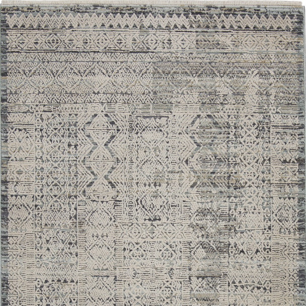 3' X 5' Ivory And Blue Geometric Distressed Area Rug With Fringe