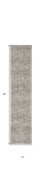 8' Ivory Black And Taupe Southwestern Distressed Runner Rug With Fringe