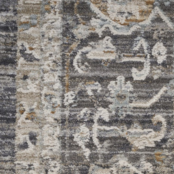 8' Gray And Ivory Floral Distressed Runner Rug