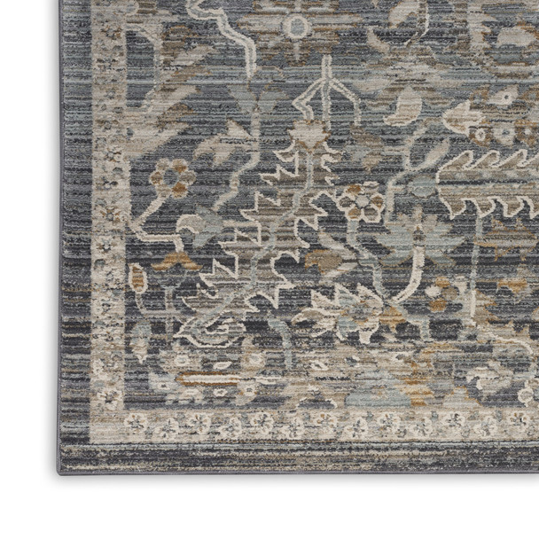 10' Navy Blue Yellow And Ivory Oriental Distressed Runner Rug With Fringe