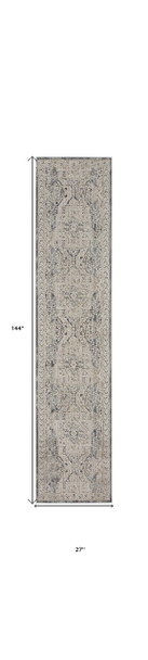12' Ivory And Charcoal Medallion Distressed Runner Rug With Fringe