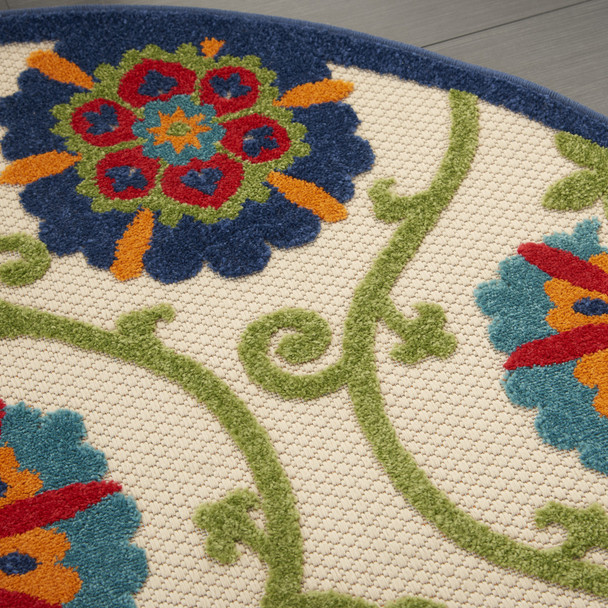 5' Navy Blue Beige Green Blue And Red Round Floral Indoor Outdoor Area Rug
