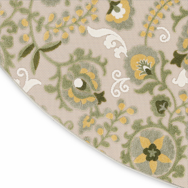5' Ivory Green Dark Green And Yellow Round Floral Indoor Outdoor Area Rug