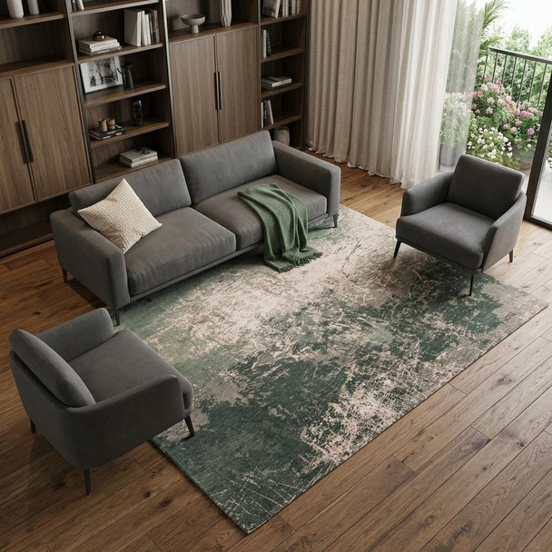 7' X 9' Beige and Green Abstract Non Skid Area Rug