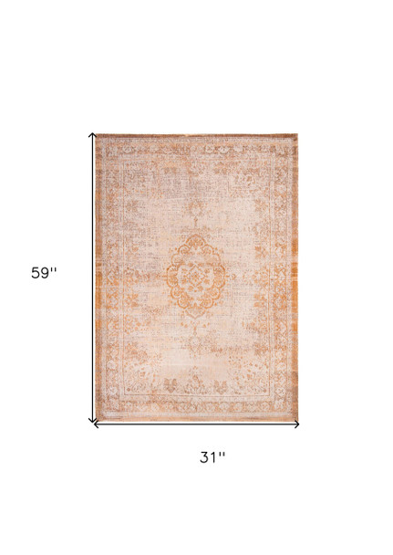 3' X 5' Orange And White Medallion ,Washable, Area Rug