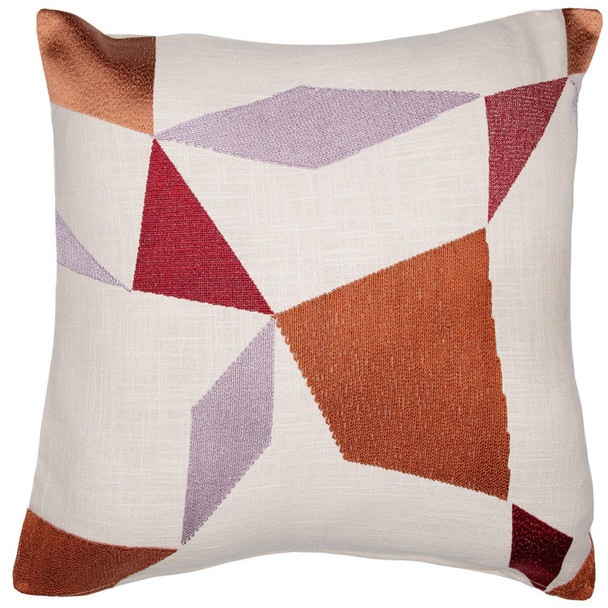 24" Ivory Geometric Cotton Blend Throw Pillow With Embroidery