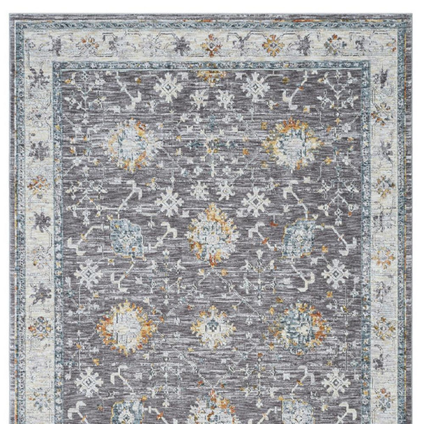 8' Gray And Blue Floral Distressed Runner Rug