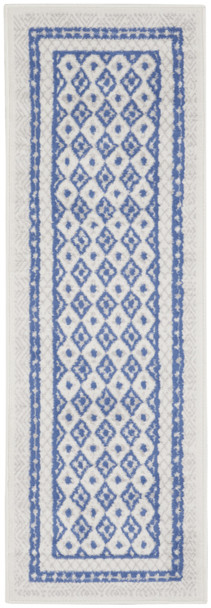 8' Ivory and Blue Geometric Distressed Non Skid Runner Rug