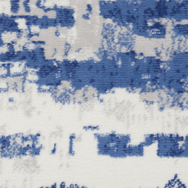 8' Ivory and Blue Geometric Distressed Non Skid Runner Rug