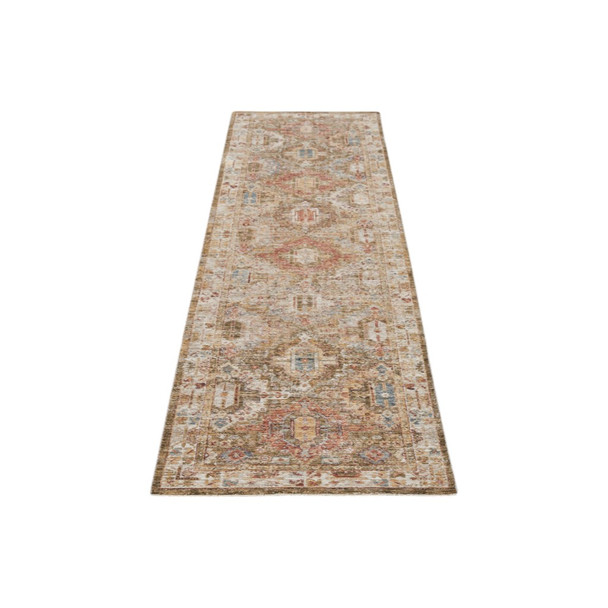 10' Ivory And Green Oriental Distressed Runner Rug