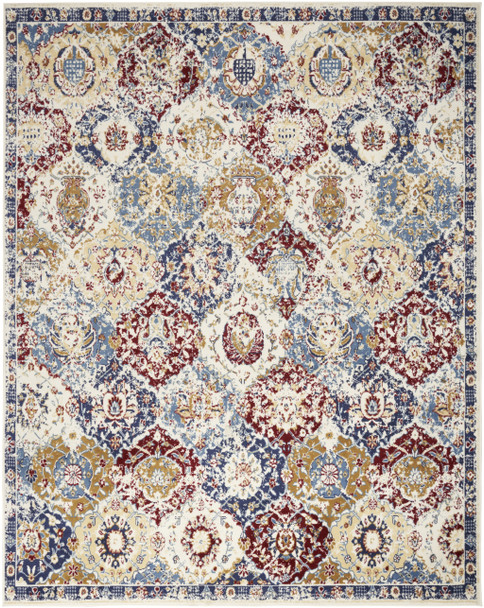 9' X 12' Blue Red and Orange Floral Distressed Non Skid Area Rug