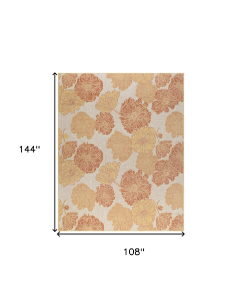 9' X 12' Coral And Ivory Floral Indoor Outdoor Area Rug