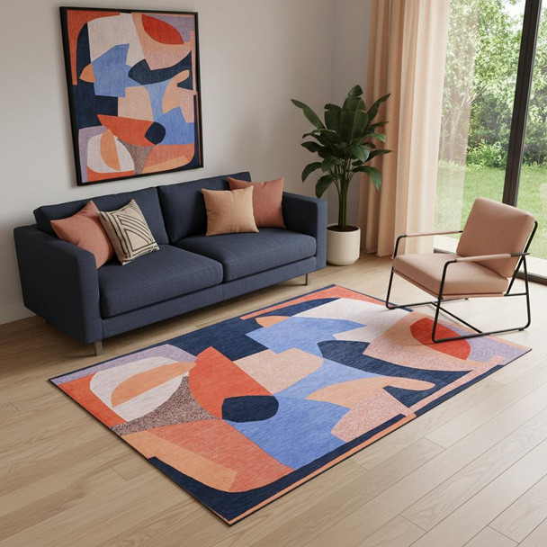 6' X 8' Blue And Red Abstract Washable Area Rug