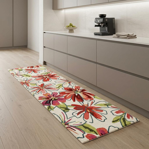8' Ivory Green and Red Botanical Leaves Hand Carved Handmade Runner Rug