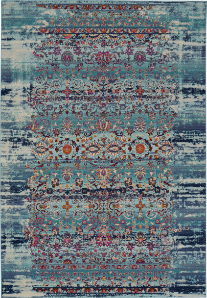 4' X 6' Blue Red And Orange Floral Distressed Area Rug