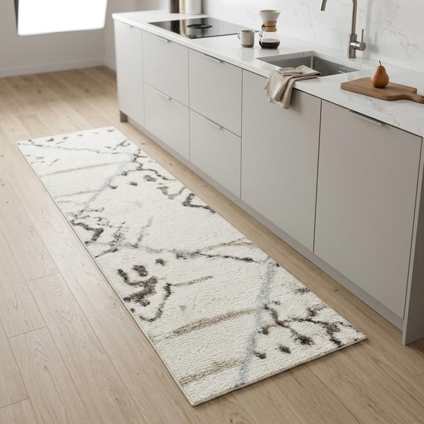 8' Beige Ivory and Gray Geometric Non Skid Runner Rug