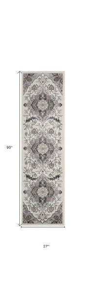 8' Ivory Black and Gray Floral Medallion Non Skid Runner Rug