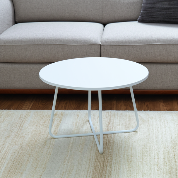 28" White Wood And Metal Round Cross Legs Coffee Table