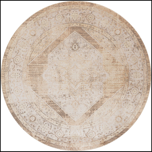 5' Beige And Ivory Floral Medallion Distressed Round Rug