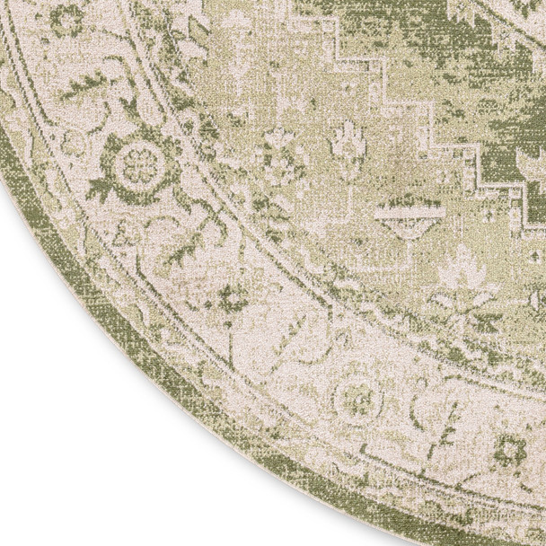 5' Beige And Green Floral Medallion Distressed Round Rug