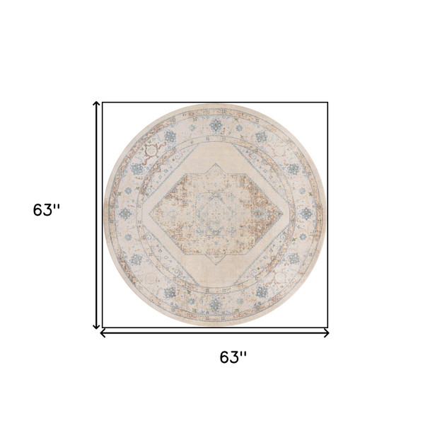 5' Beige And Bronze Floral Medallion Round Rug