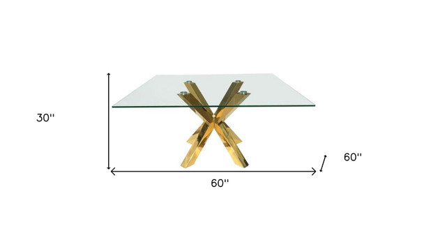 60" Clear and Gold Glass and Metal Cross Leg Base Square Dining Table