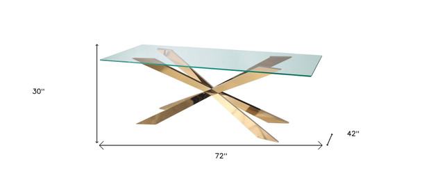 72" Clear and Gold Glass and Metal Cross Leg Base Dining Table