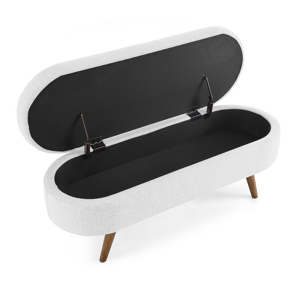 44" White and Brown Linen Upholstered Storage Bench with Flip Top