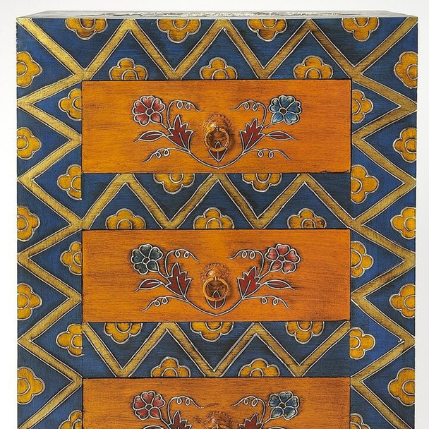 20" Blue and Brown Hand Painted Wood Accent Cabinet With Three Drawers