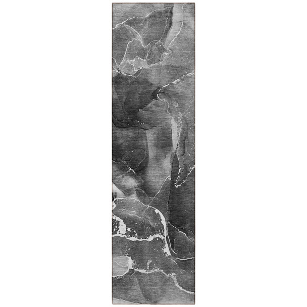 8' Runner Black Gray and White Abstract Washable Non Skid Indoor Outdoor Runner Rug