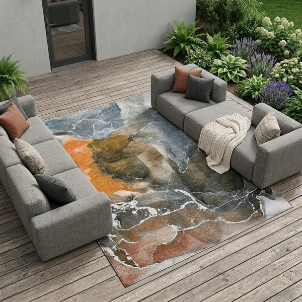 10' X 14' Orange Abstract Washable Non Skid Indoor Outdoor Area Rug